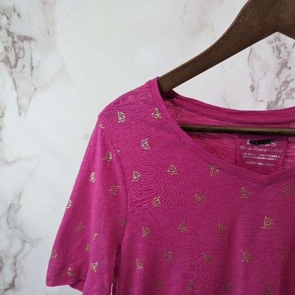 Chicos T Shirt Women 0 Small Pink Ultimate Tee Sailboat Gold Print Pleated Short - Picture 2 of 8